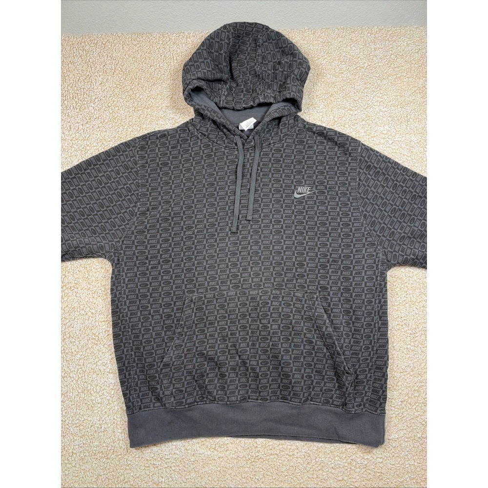 Nike Sportswear Club Hoodie Mens Large Black All Over Print Logo Swoosh